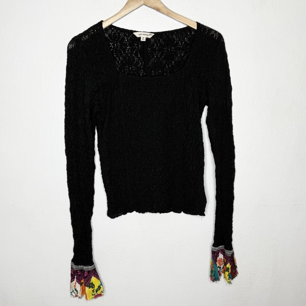 Lucky Brand Fitted Lace Square Neck Top **added Bell Floral Sleeve Womens Medium